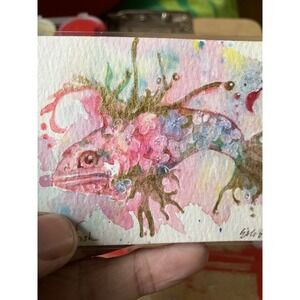 ACEO Original painting Pisces Fish Watercolor Art Zodiac Astrology Gold Accents